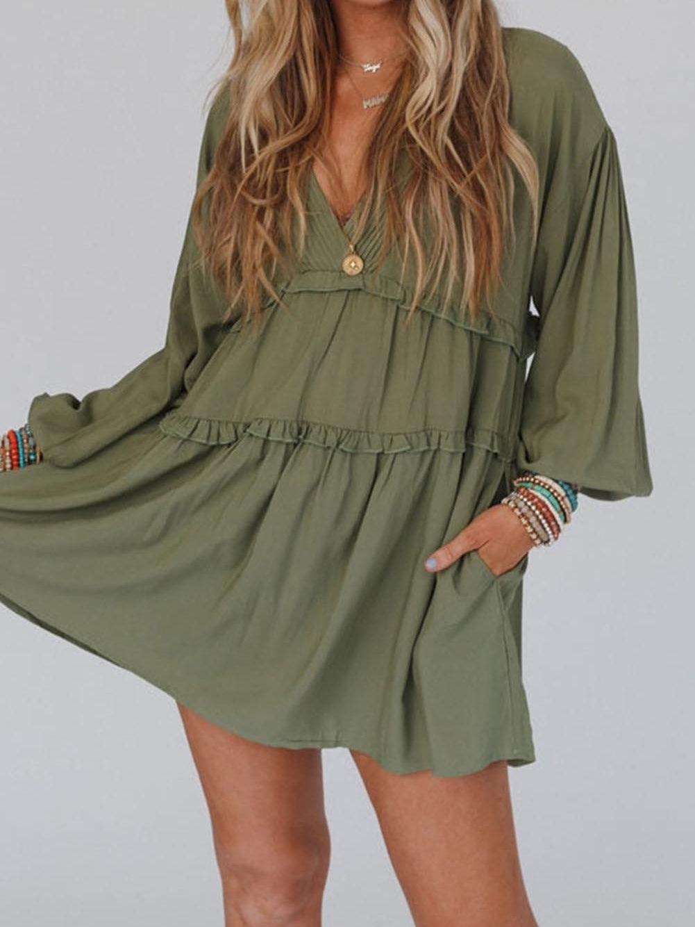 Enchanting Green Puff Sleeve Tiered Frill Mini Dress