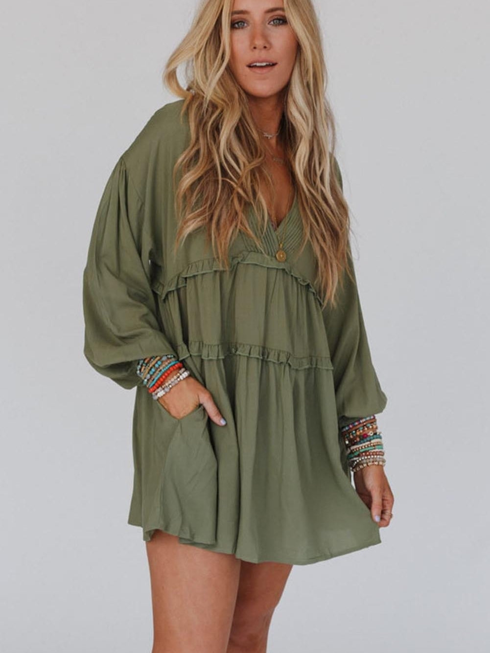 Enchanting Green Puff Sleeve Tiered Frill Mini Dress