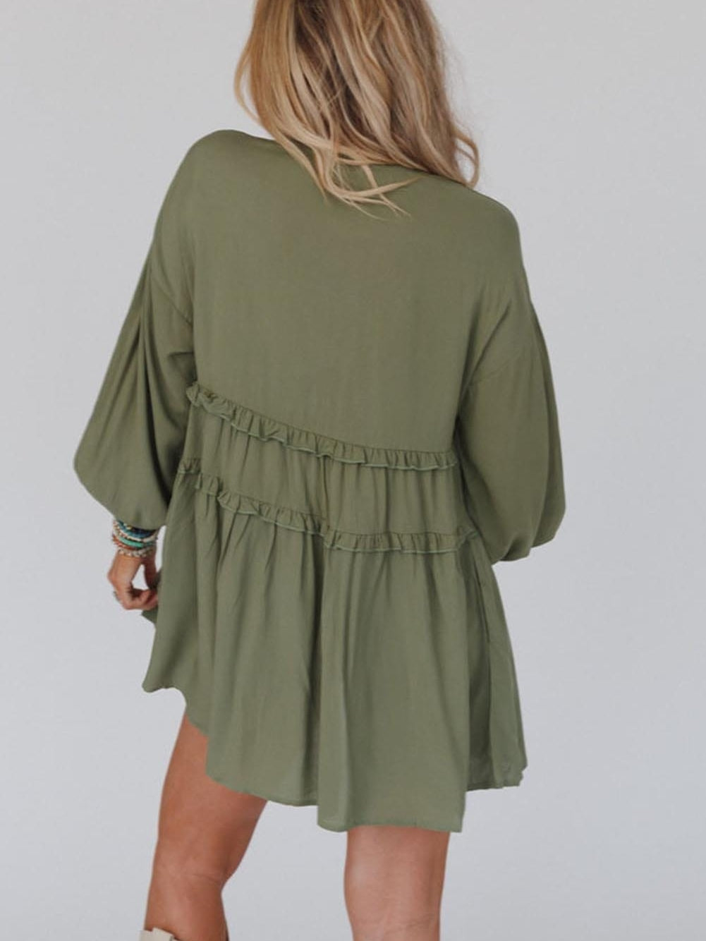 Enchanting Green Puff Sleeve Tiered Frill Mini Dress