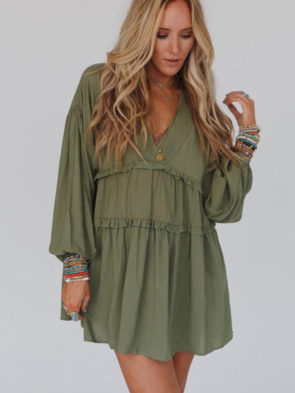 Enchanting Green Puff Sleeve Tiered Frill Mini Dress