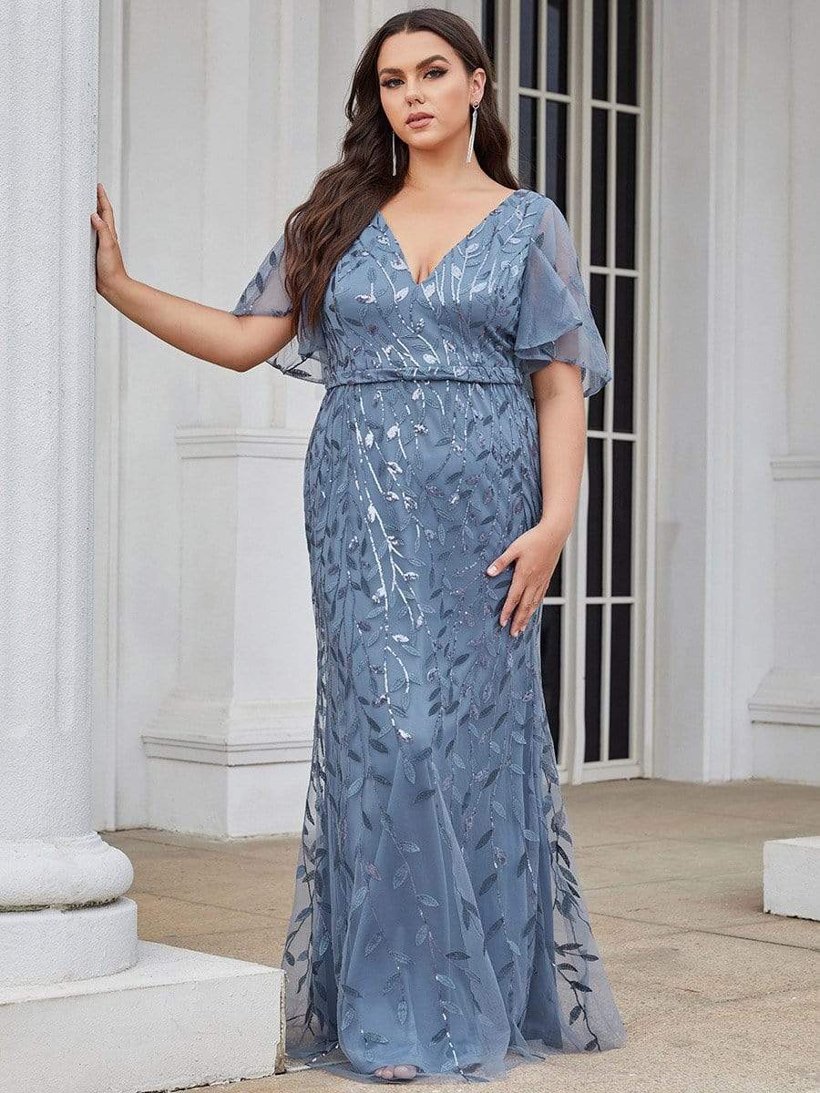 Enchanting Plus Size V Neck Mermaid Sequin & Tulle Evening Gown
