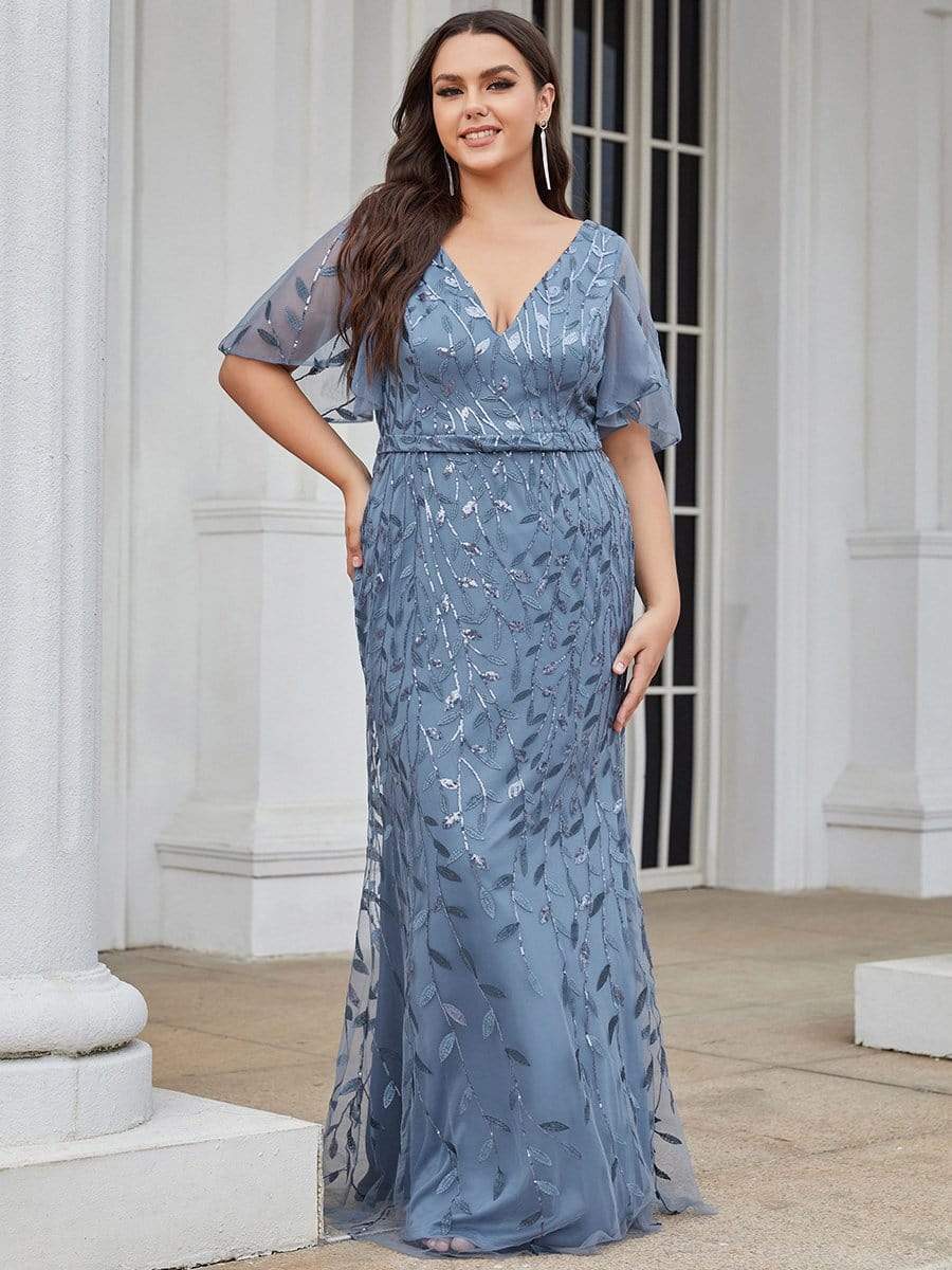 Enchanting Plus Size V Neck Mermaid Sequin & Tulle Evening Gown