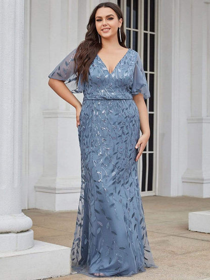 Enchanting Plus Size V Neck Mermaid Sequin & Tulle Evening Gown