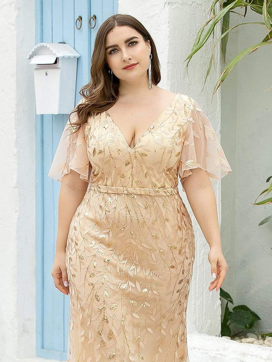 Enchanting Plus Size V Neck Mermaid Sequin & Tulle Evening Gown