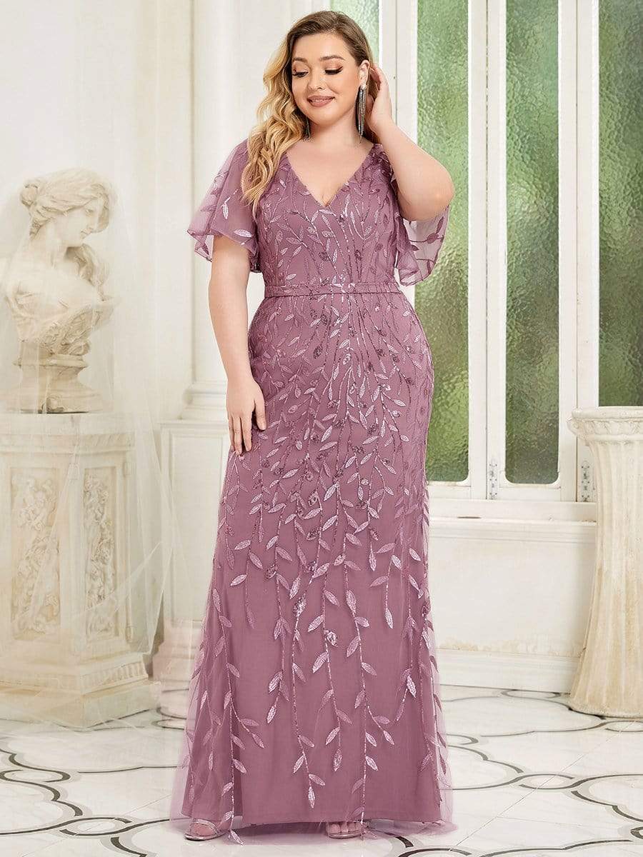 Enchanting Plus Size V Neck Mermaid Sequin & Tulle Evening Gown