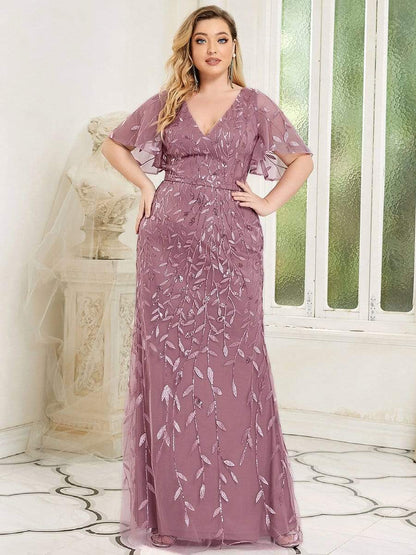 Enchanting Plus Size V Neck Mermaid Sequin & Tulle Evening Gown