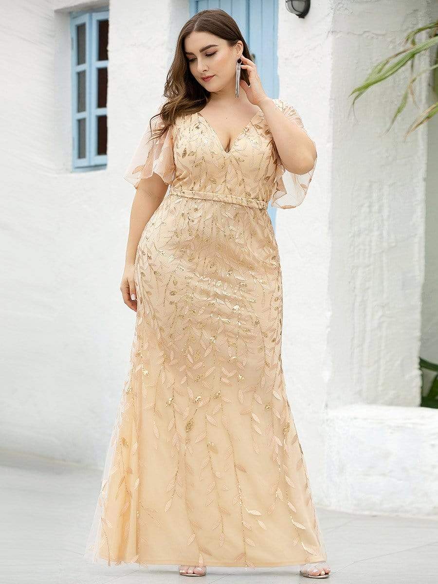 Enchanting Plus Size V Neck Mermaid Sequin & Tulle Evening Gown