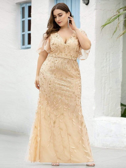 Enchanting Plus Size V Neck Mermaid Sequin & Tulle Evening Gown