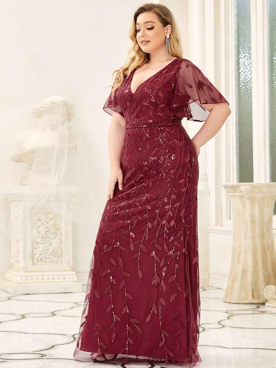 Enchanting Plus Size V Neck Mermaid Sequin & Tulle Evening Gown