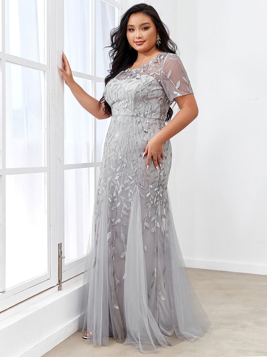 Enchanting Plus Size Women's Floral Sequin Fishtail Tulle Party Dress