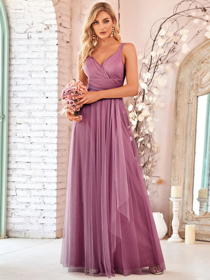 Enchanting Sleeveless Tulle Bridesmaid Gown With Ribbon Belt