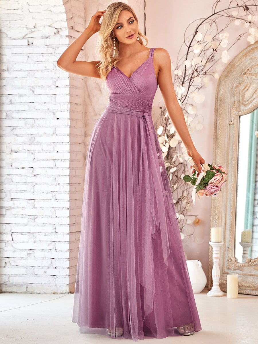 Enchanting Sleeveless Tulle Bridesmaid Gown With Ribbon Belt
