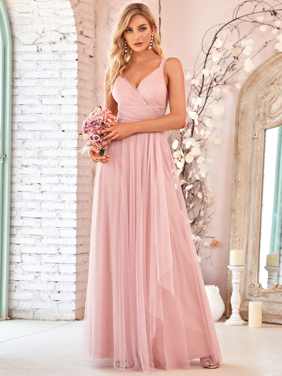 Enchanting Sleeveless Tulle Bridesmaid Gown With Ribbon Belt