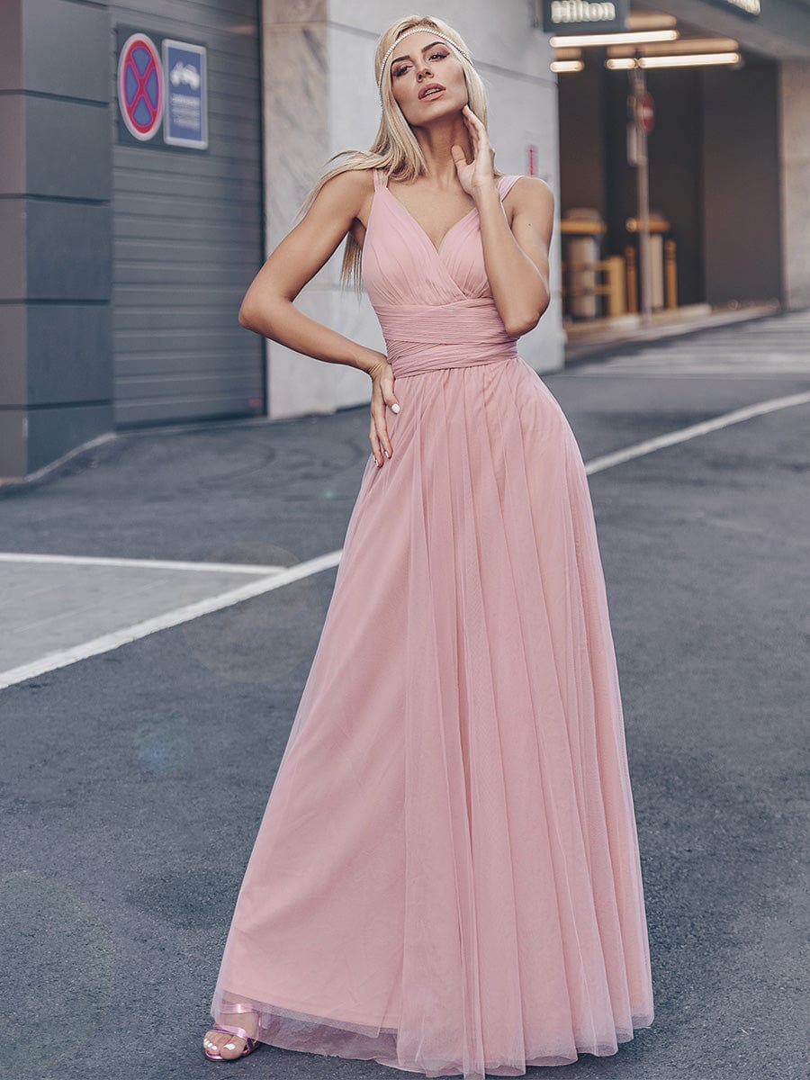 Enchanting Sleeveless Tulle Bridesmaid Gown With Ribbon Belt