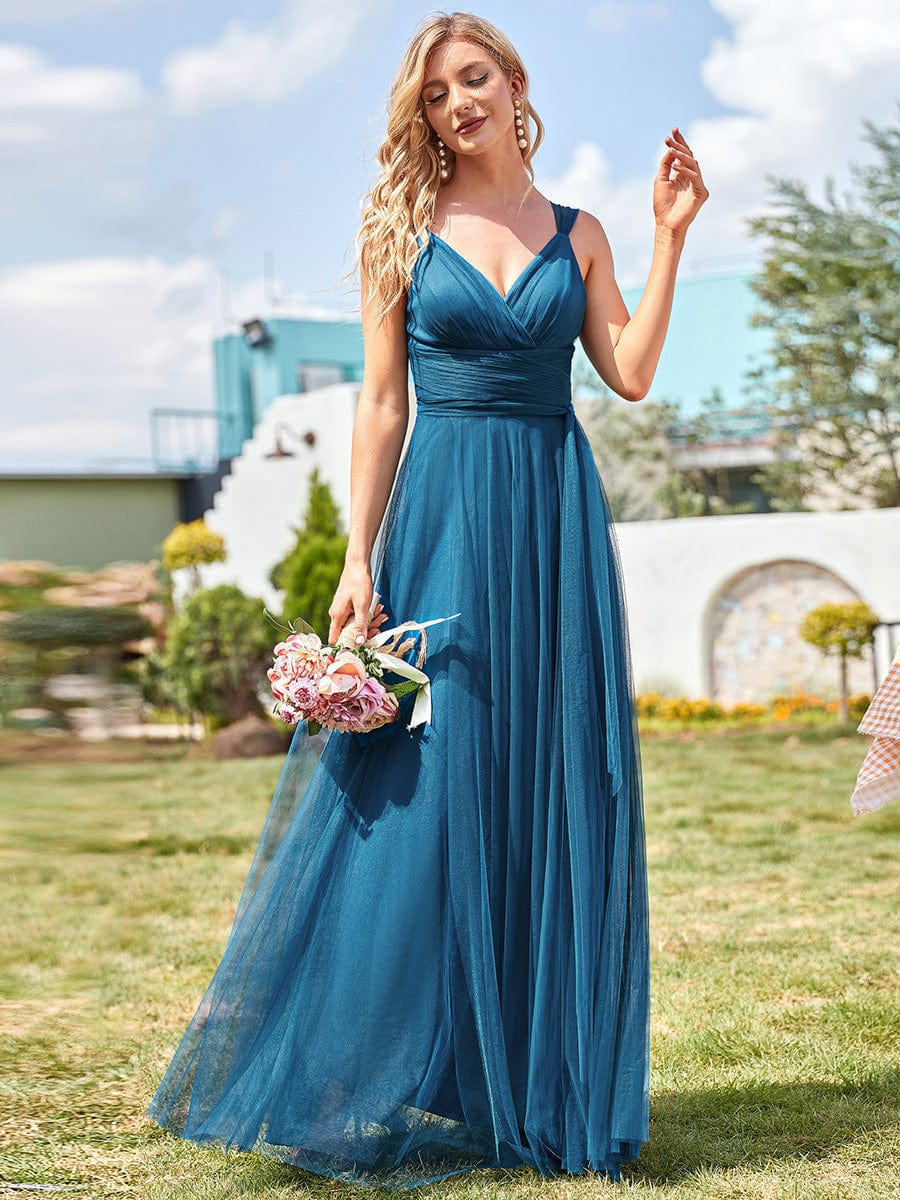 Enchanting Sleeveless Tulle Bridesmaid Gown With Ribbon Belt