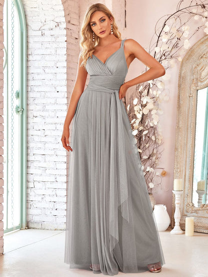 Enchanting Sleeveless Tulle Bridesmaid Gown With Ribbon Belt