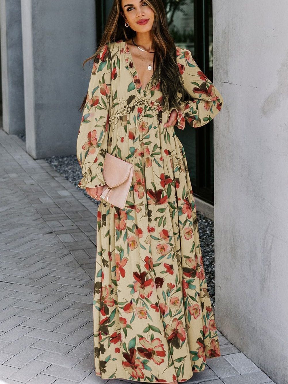 Enchanting Wild Lotus Floral Maxi Dress with Ruffle Details