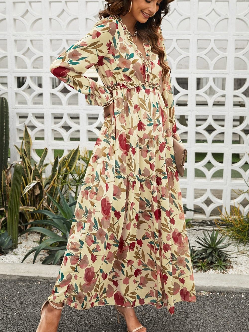 Enchanting Wild Lotus Floral Maxi Dress with Ruffle Details