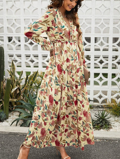 Enchanting Wild Lotus Floral Maxi Dress with Ruffle Details