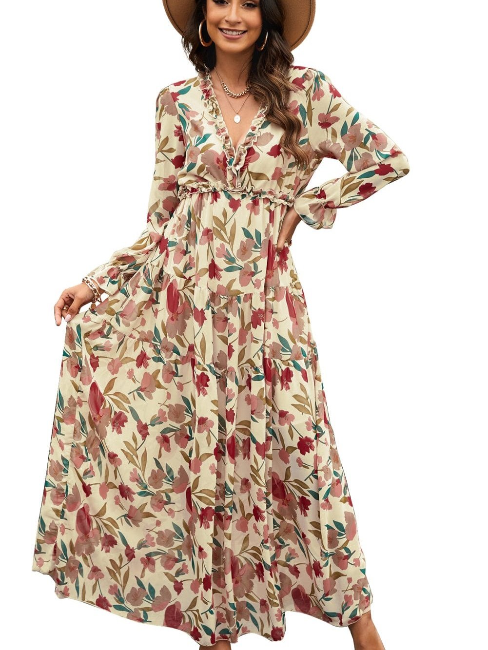 Enchanting Wild Lotus Floral Maxi Dress with Ruffle Details