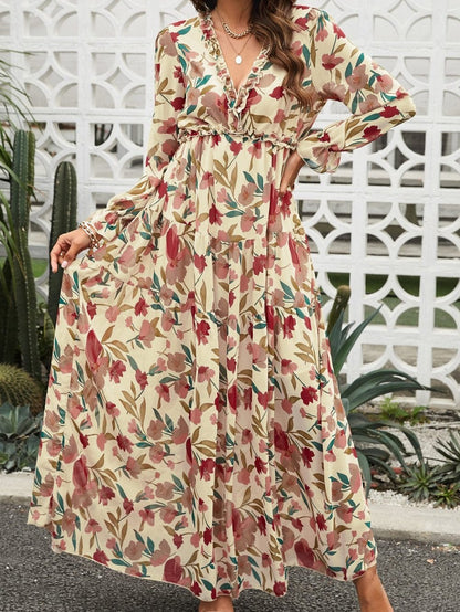 Enchanting Wild Lotus Floral Maxi Dress with Ruffle Details