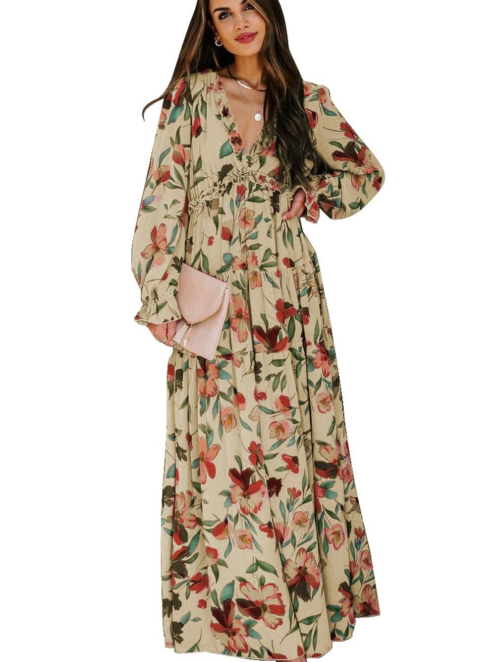 Enchanting Wild Lotus Floral Maxi Dress with Ruffle Details