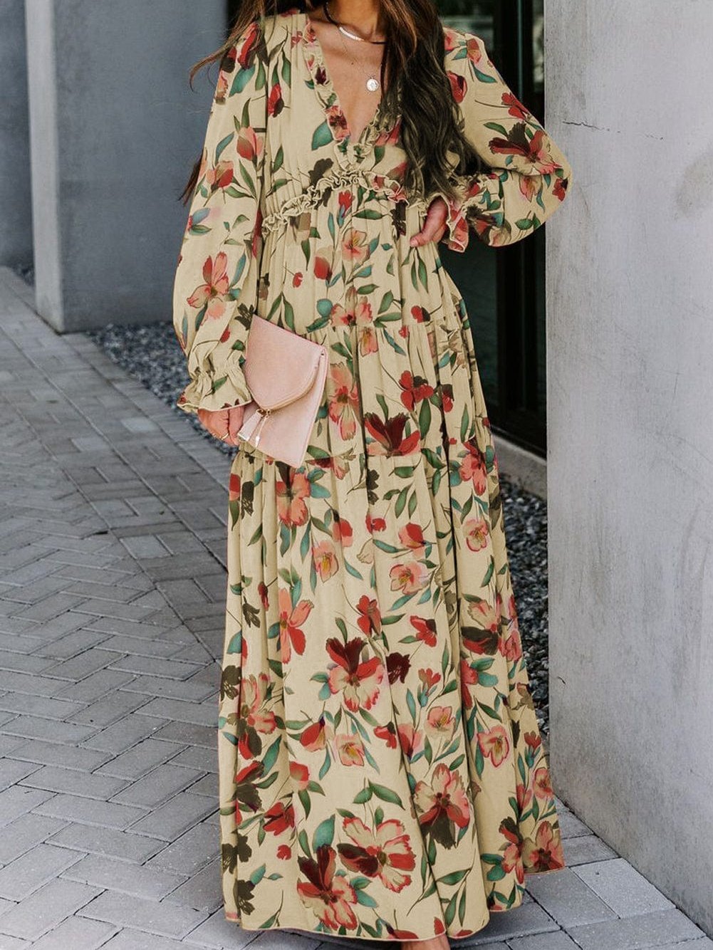 Enchanting Wild Lotus Floral Maxi Dress with Ruffle Details