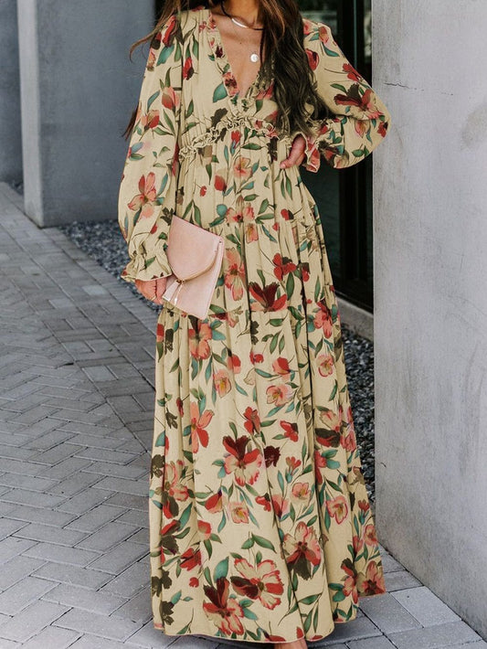 Enchanting Wild Lotus Floral Maxi Dress with Ruffle Details