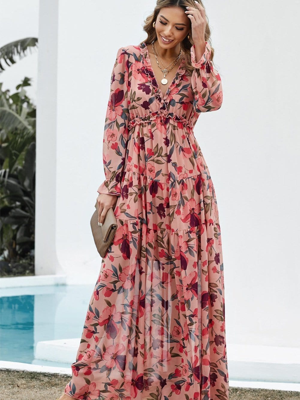 Enchanting Wild Lotus Floral Maxi Dress with Ruffle Details