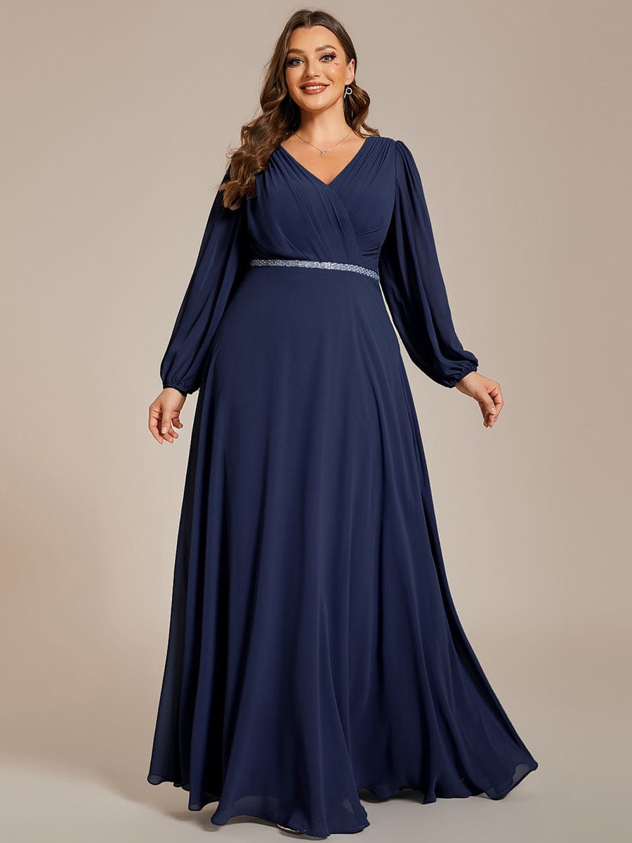 Enhanced V-Neck Sheer-Sleeved A-Line Chiffon Evening Dress