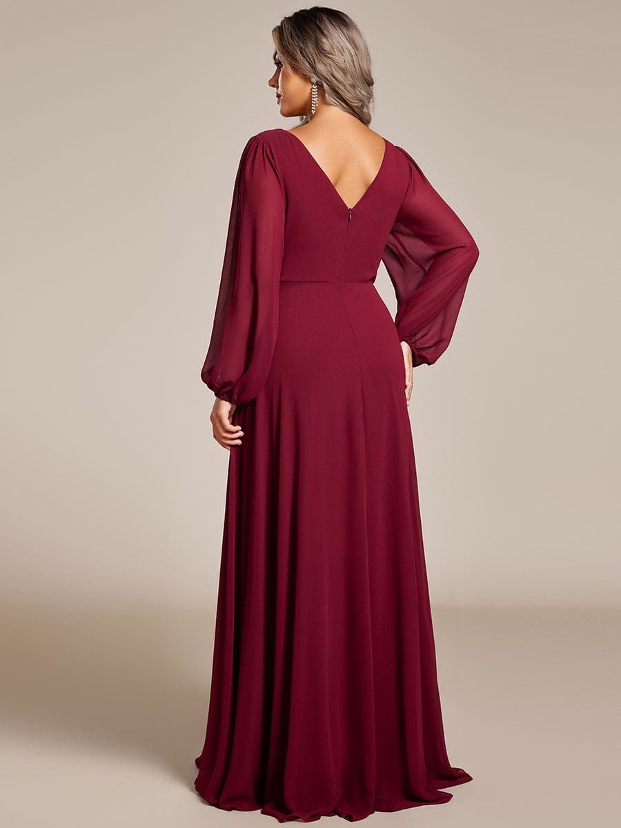 Enhanced V-Neck Sheer-Sleeved A-Line Chiffon Evening Dress
