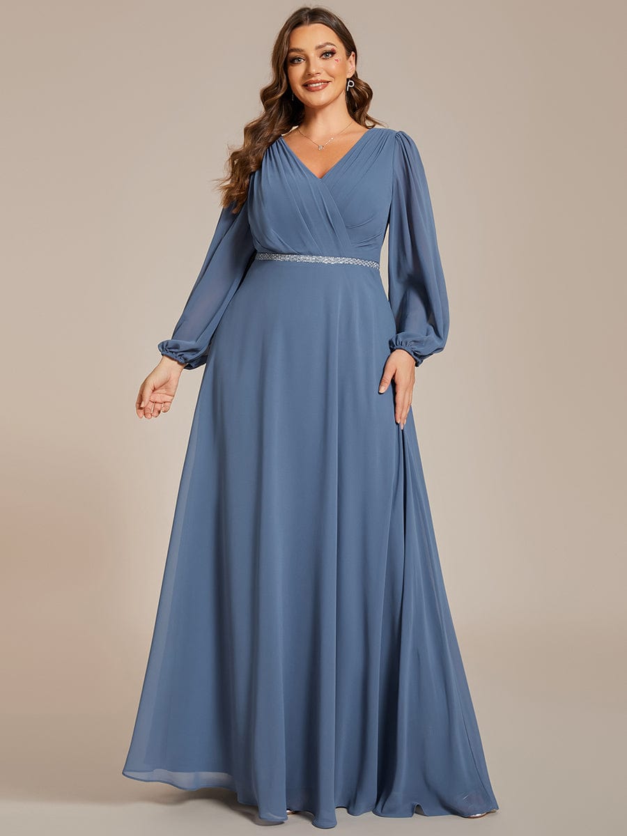 Enhanced V-Neck Sheer-Sleeved A-Line Chiffon Evening Dress