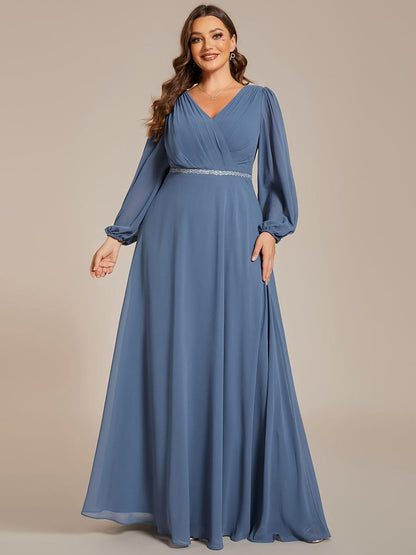 Enhanced V-Neck Sheer-Sleeved A-Line Chiffon Evening Dress