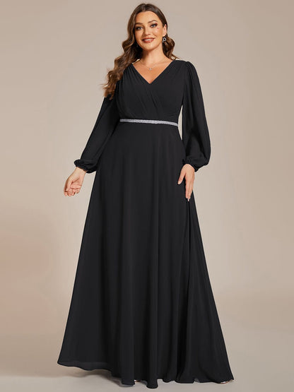 Enhanced V-Neck Sheer-Sleeved A-Line Chiffon Evening Dress