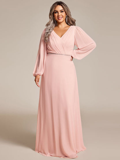 Enhanced V-Neck Sheer-Sleeved A-Line Chiffon Evening Dress
