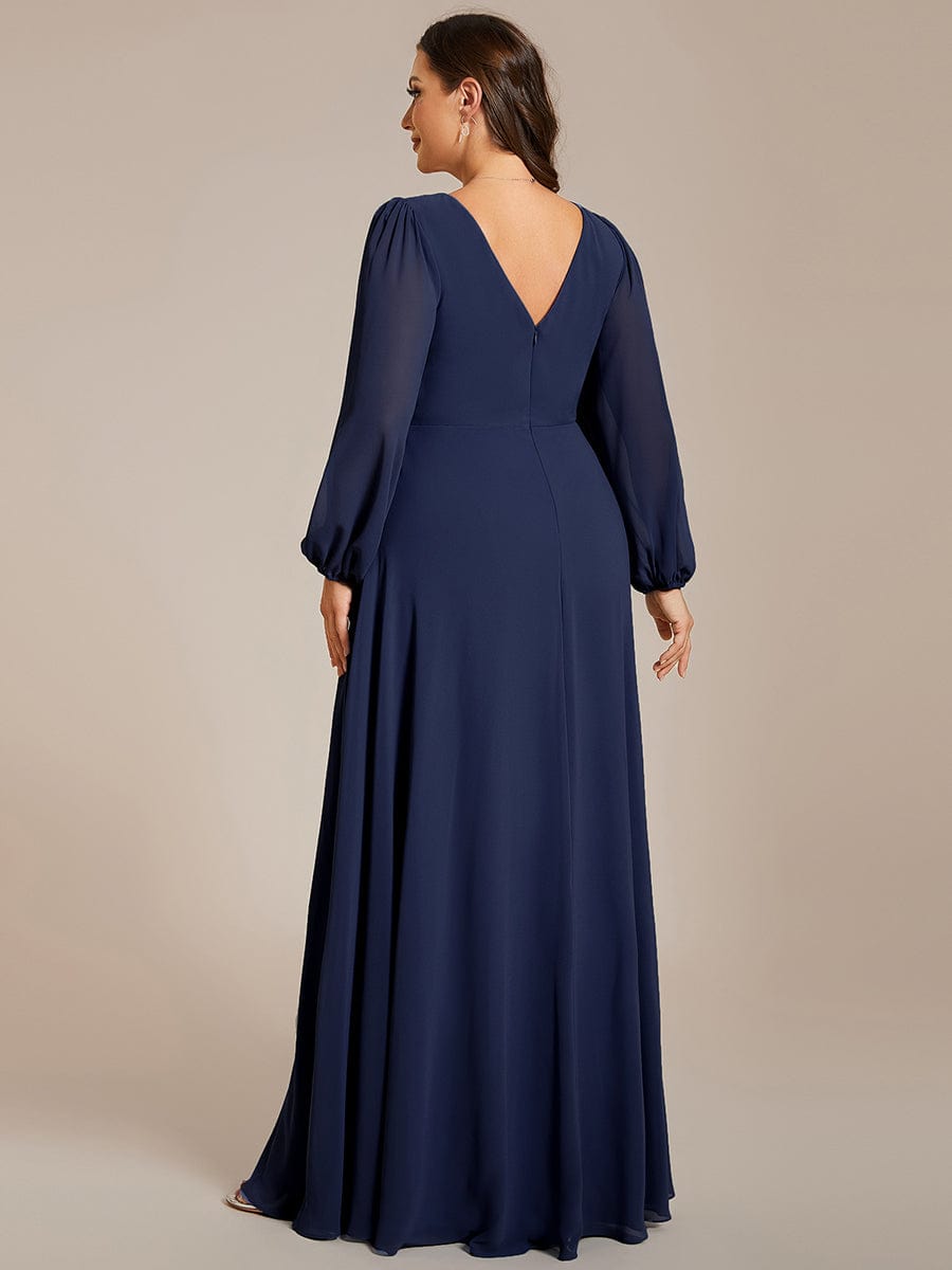 Enhanced V-Neck Sheer-Sleeved A-Line Chiffon Evening Dress