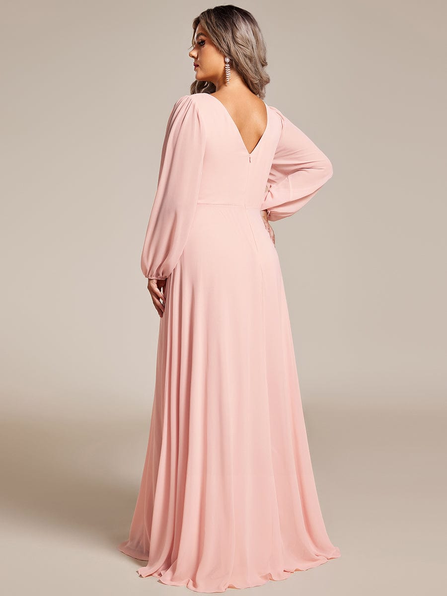 Enhanced V-Neck Sheer-Sleeved A-Line Chiffon Evening Dress