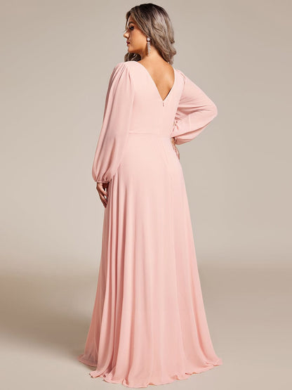 Enhanced V-Neck Sheer-Sleeved A-Line Chiffon Evening Dress