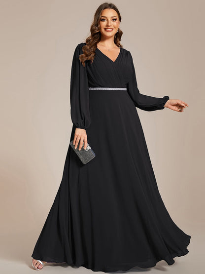 Enhanced V-Neck Sheer-Sleeved A-Line Chiffon Evening Dress