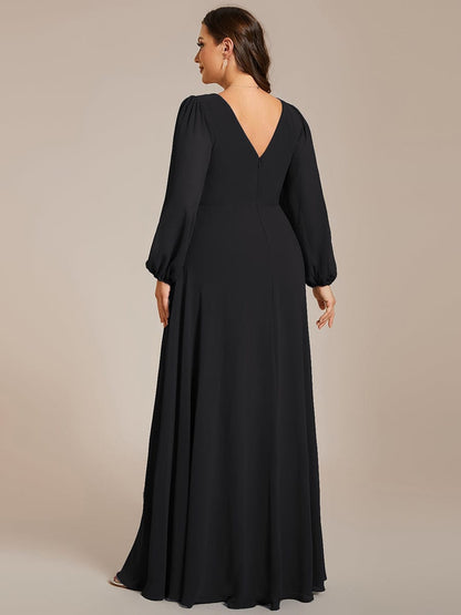 Enhanced V-Neck Sheer-Sleeved A-Line Chiffon Evening Dress