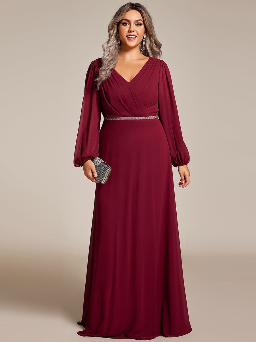 Enhanced V-Neck Sheer-Sleeved A-Line Chiffon Evening Dress