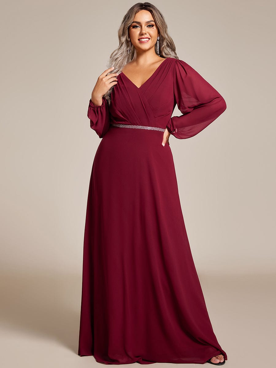 Enhanced V-Neck Sheer-Sleeved A-Line Chiffon Evening Dress
