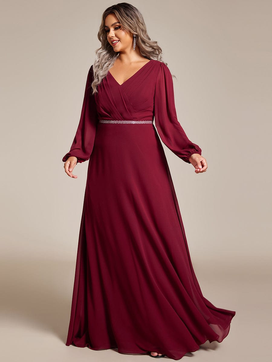 Enhanced V-Neck Sheer-Sleeved A-Line Chiffon Evening Dress