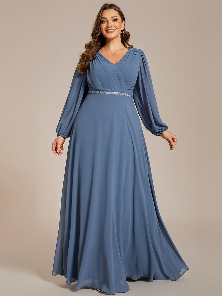 Enhanced V-Neck Sheer-Sleeved A-Line Chiffon Evening Dress