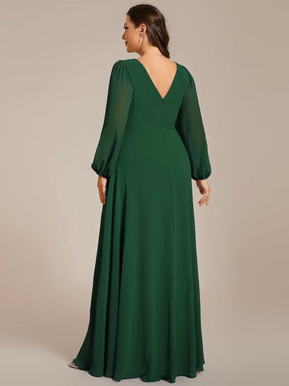 Enhanced V-Neck Sheer-Sleeved A-Line Chiffon Evening Dress