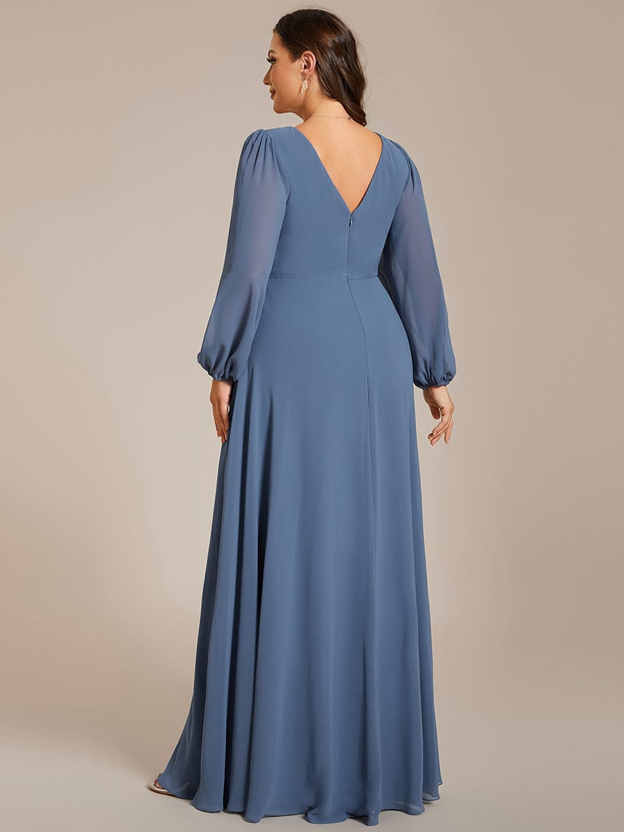 Enhanced V-Neck Sheer-Sleeved A-Line Chiffon Evening Dress