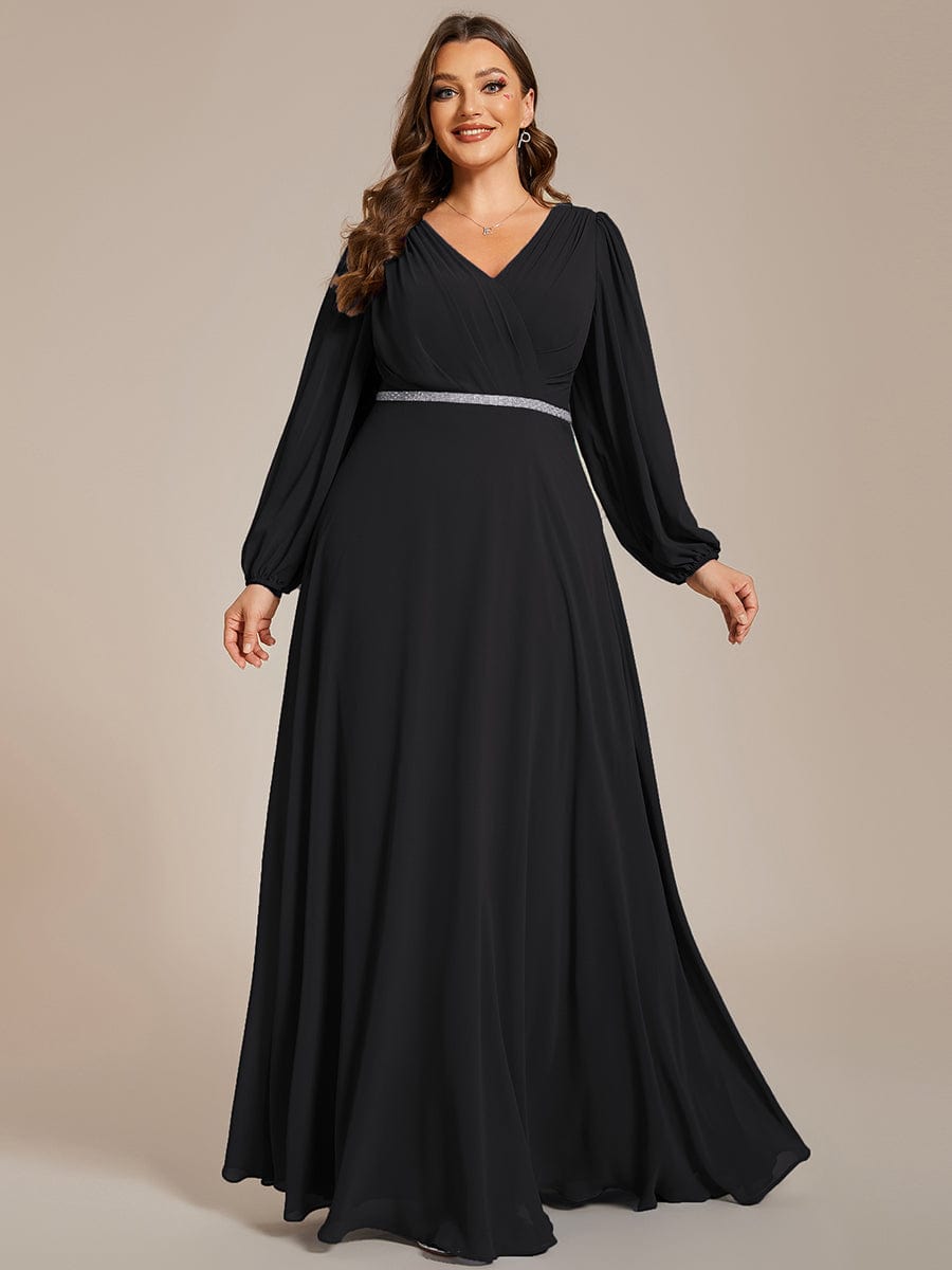 Enhanced V-Neck Sheer-Sleeved A-Line Chiffon Evening Dress