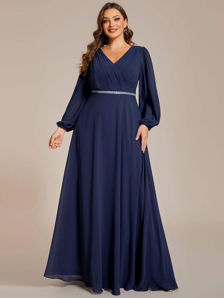 Enhanced V-Neck Sheer-Sleeved A-Line Chiffon Evening Dress
