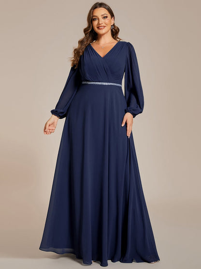 Enhanced V-Neck Sheer-Sleeved A-Line Chiffon Evening Dress