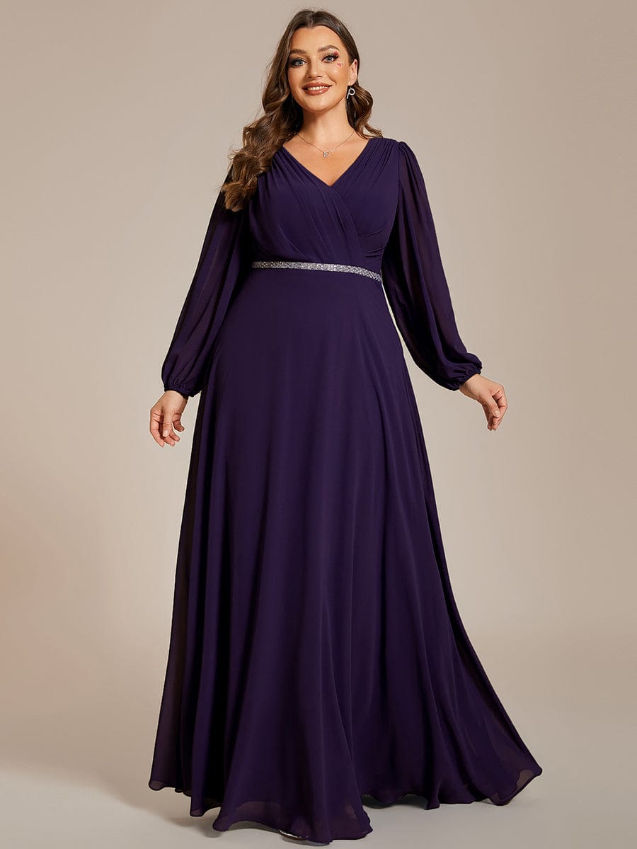 Enhanced V-Neck Sheer-Sleeved A-Line Chiffon Evening Dress